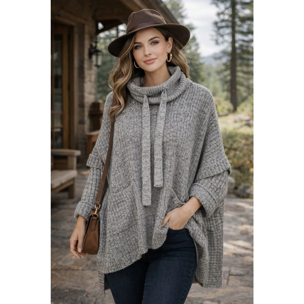 RD Style Knit Sweater Pullover Hoodie Grey Black Cozy Soft Women’s Size M Boho